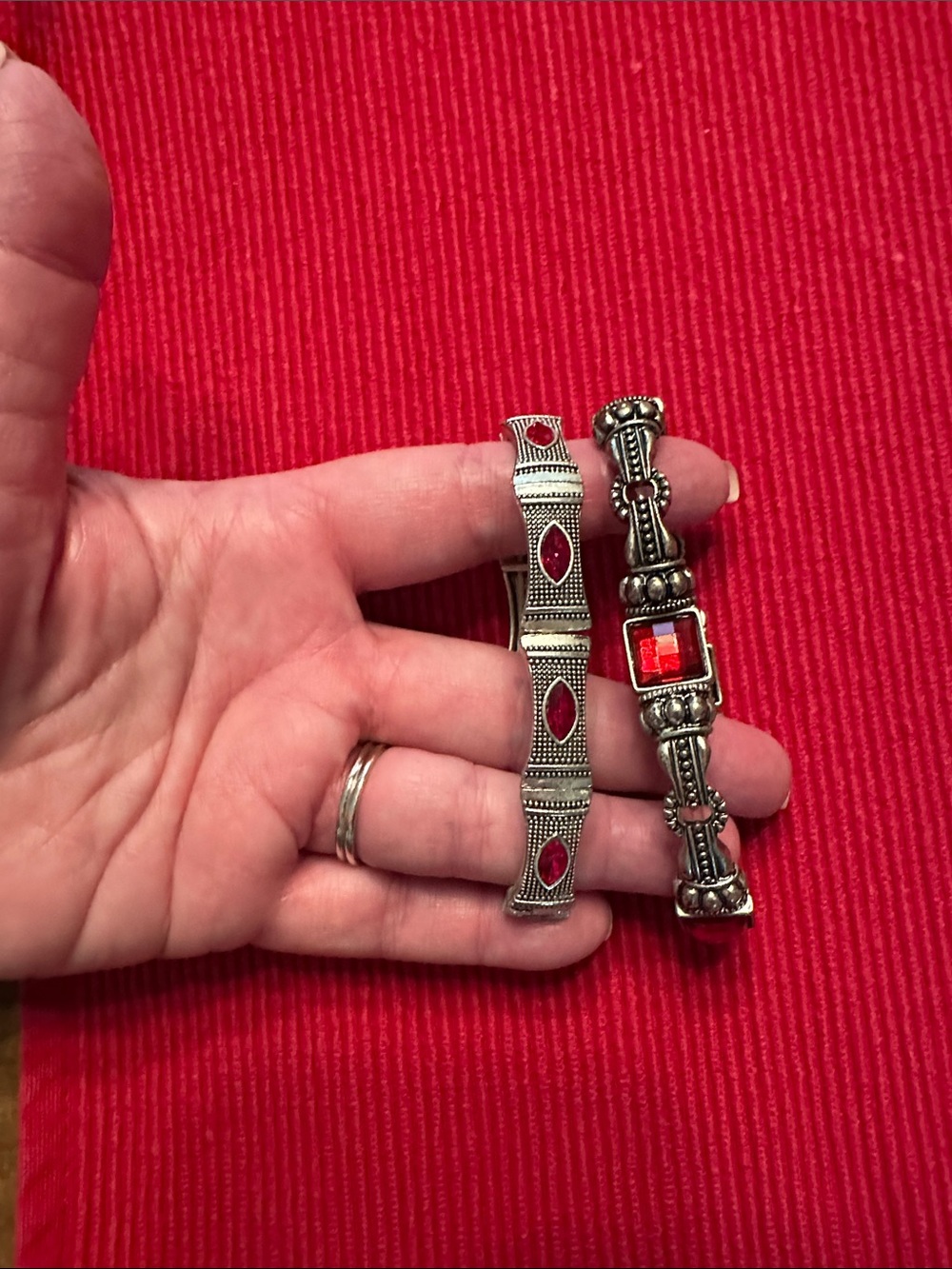 Women's Silver-Tone Bracelet duo and earrings with Red Gem Accents